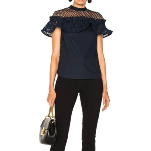 Self-Portrait Top Womens Size 6 Navy Blue Hudson Poplin Lace 100% Cotton NWT - Picture 2 of 10